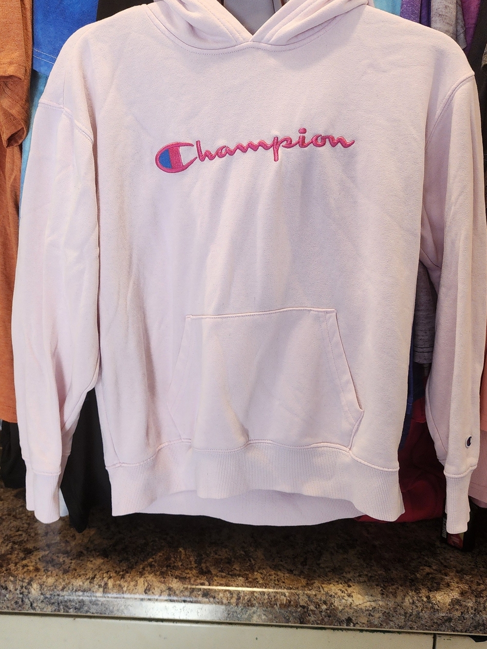 Champion Light Pink Pullover Hoodie with Script Logo